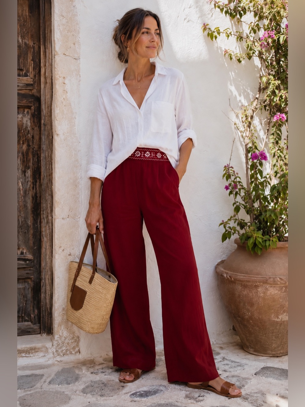 Red Linen Blend Embroidered Waist Wide Leg Pants Size 8 Tall Boho Resort